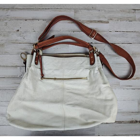 CYNTHIA ROWLEY XL Ivory/Brown Pebbled Leather Convertible Satchel/Shoulder Bag - Picture 2 of 16